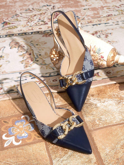 Women's Vintage Floral Print Metal Buckle Chain Design Pointed Toe Strap Kitten Heel Pumps