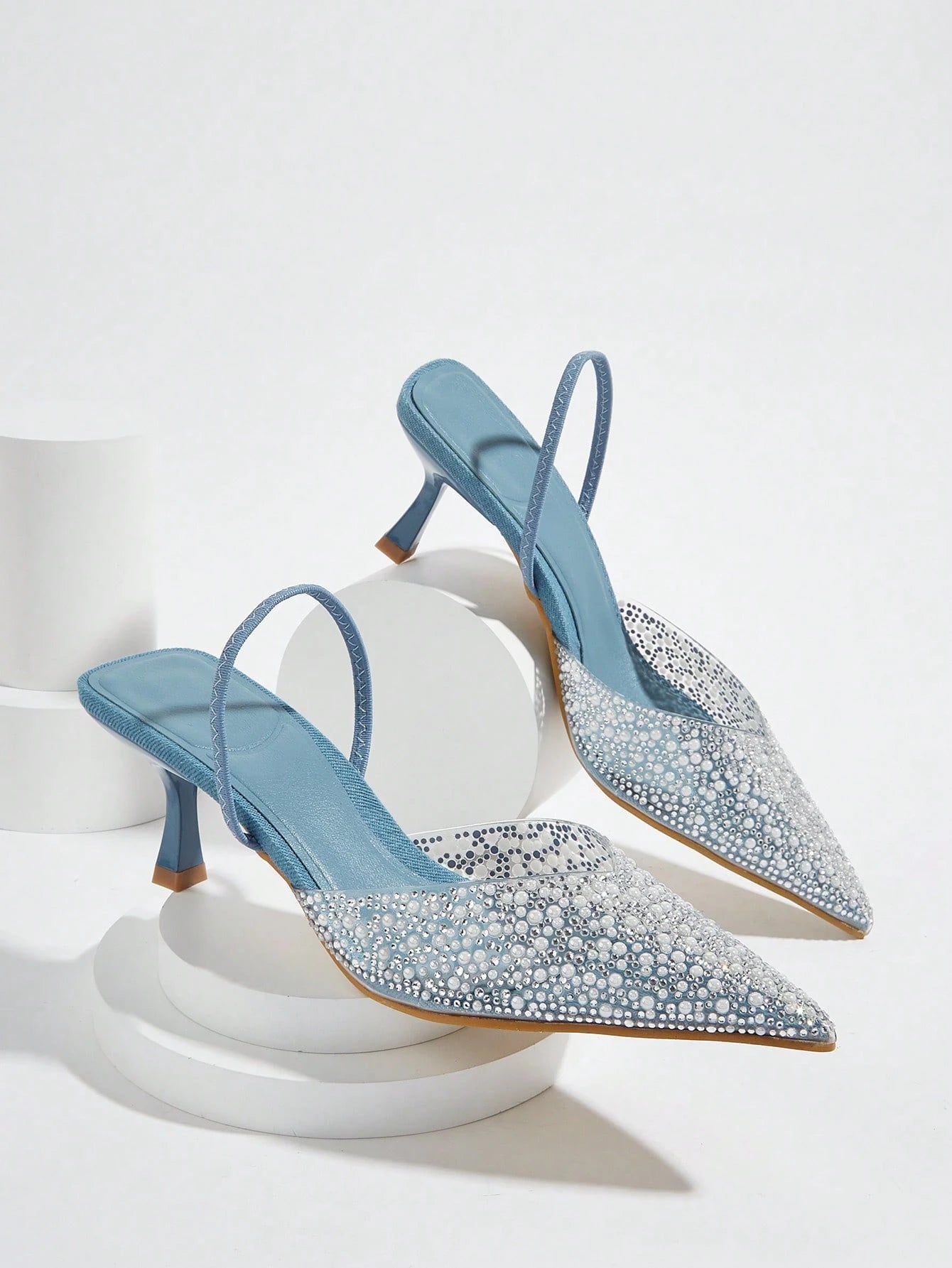 Elegant Blue High Heel Sandals With Pointed Toe, Pearl & Rhinestone Detail