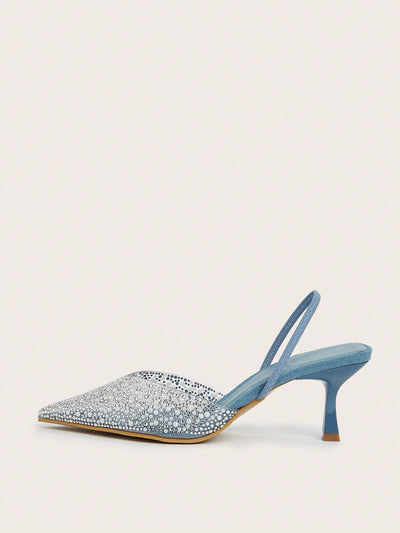 Elegant Blue High Heel Sandals With Pointed Toe, Pearl & Rhinestone Detail