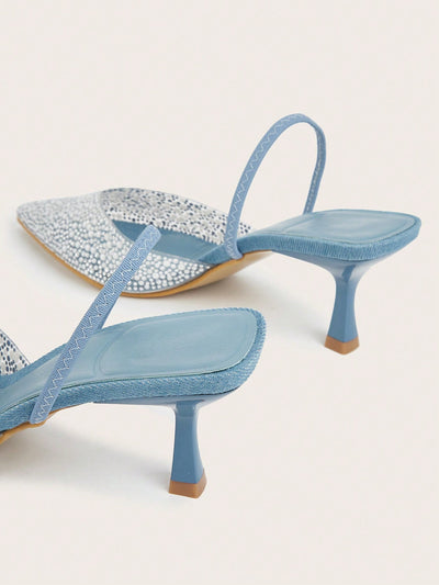 Elegant Blue High Heel Sandals With Pointed Toe, Pearl & Rhinestone Detail