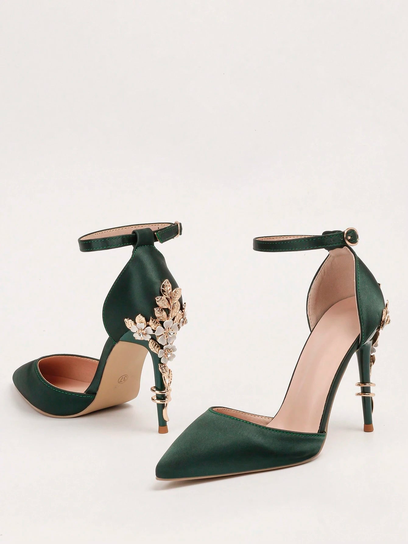 Women Rhinestone & Flower Decor Point Toe Stiletto Heeled Pumps