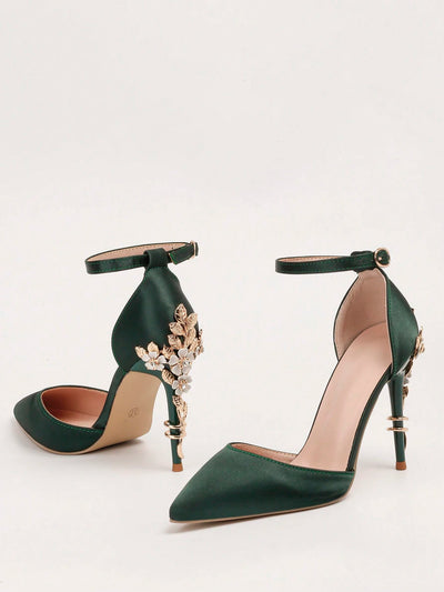 Women Rhinestone & Flower Decor Point Toe Stiletto Heeled Pumps