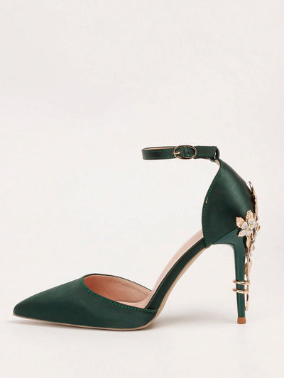 Women Rhinestone & Flower Decor Point Toe Stiletto Heeled Pumps