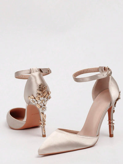 Women Rhinestone & Flower Decor Point Toe Stiletto Heeled Pumps