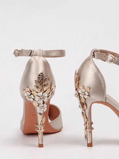 Women Rhinestone & Flower Decor Point Toe Stiletto Heeled Pumps