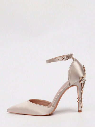 Women Rhinestone & Flower Decor Point Toe Stiletto Heeled Pumps