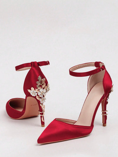 Women Rhinestone & Flower Decor Point Toe Stiletto Heeled Pumps