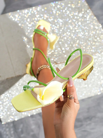 Women's Fashion Floral Open Toe Strap Mid Heel Sandals
