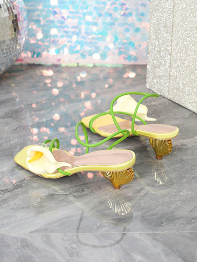 Women's Fashion Floral Open Toe Strap Mid Heel Sandals
