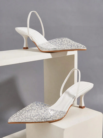 Elegant Blue High Heel Sandals With Pointed Toe, Pearl & Rhinestone Detail
