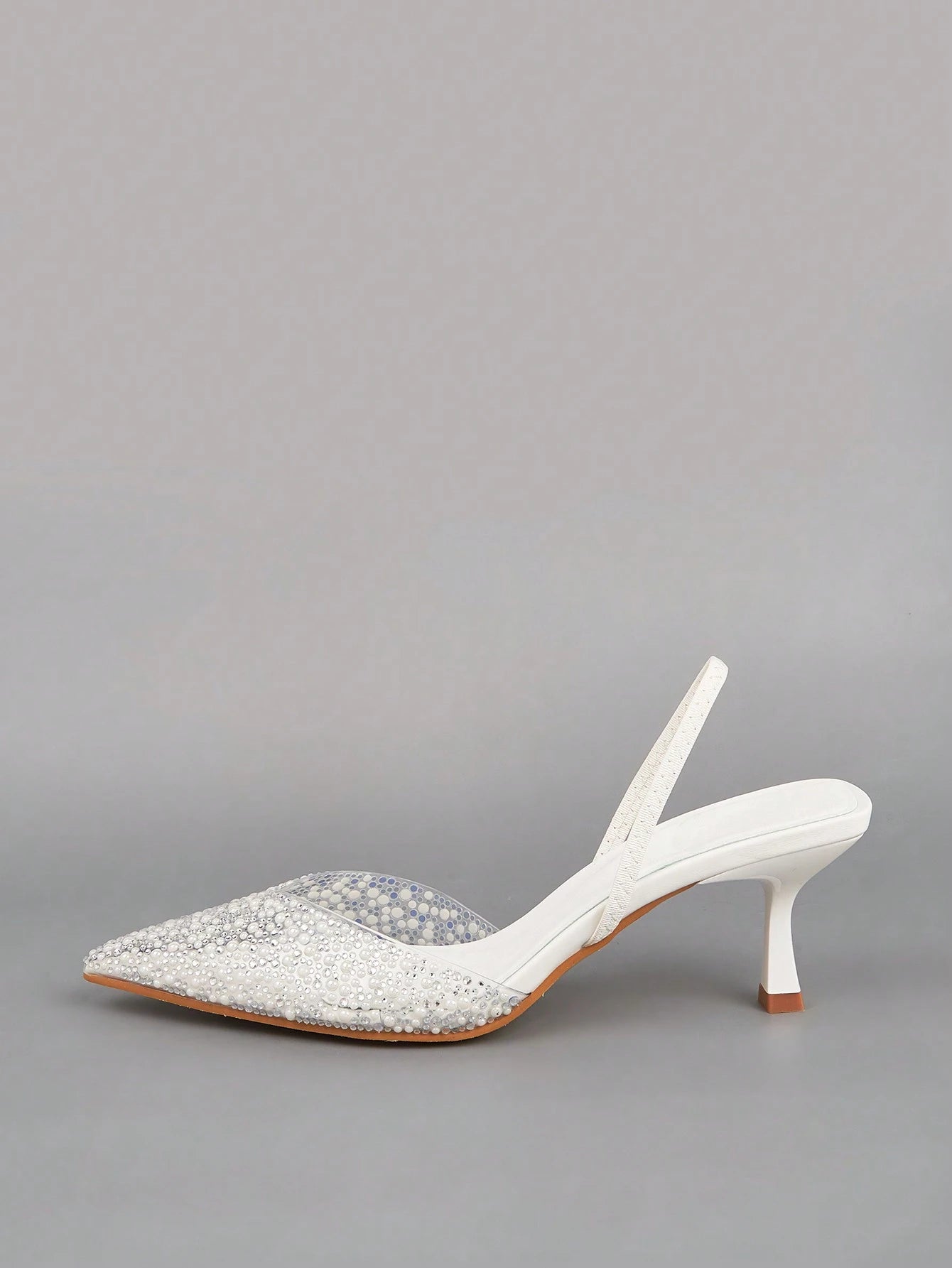 Elegant Blue High Heel Sandals With Pointed Toe, Pearl & Rhinestone Detail