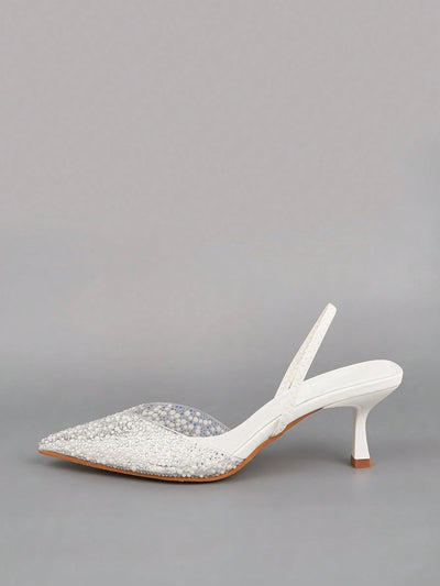 Elegant Blue High Heel Sandals With Pointed Toe, Pearl & Rhinestone Detail