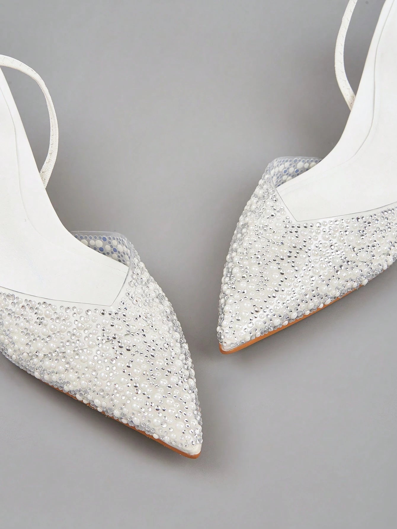 Elegant Blue High Heel Sandals With Pointed Toe, Pearl & Rhinestone Detail