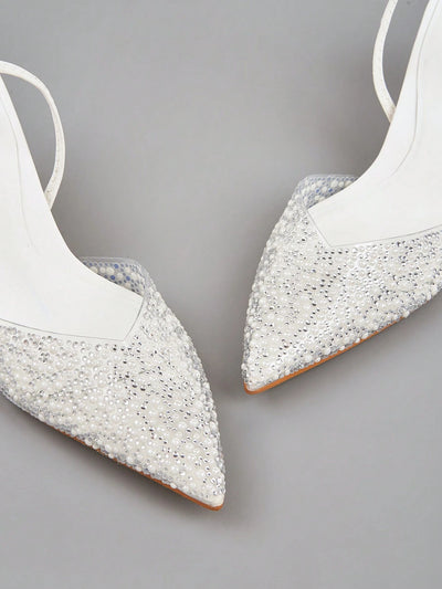 Elegant Blue High Heel Sandals With Pointed Toe, Pearl & Rhinestone Detail