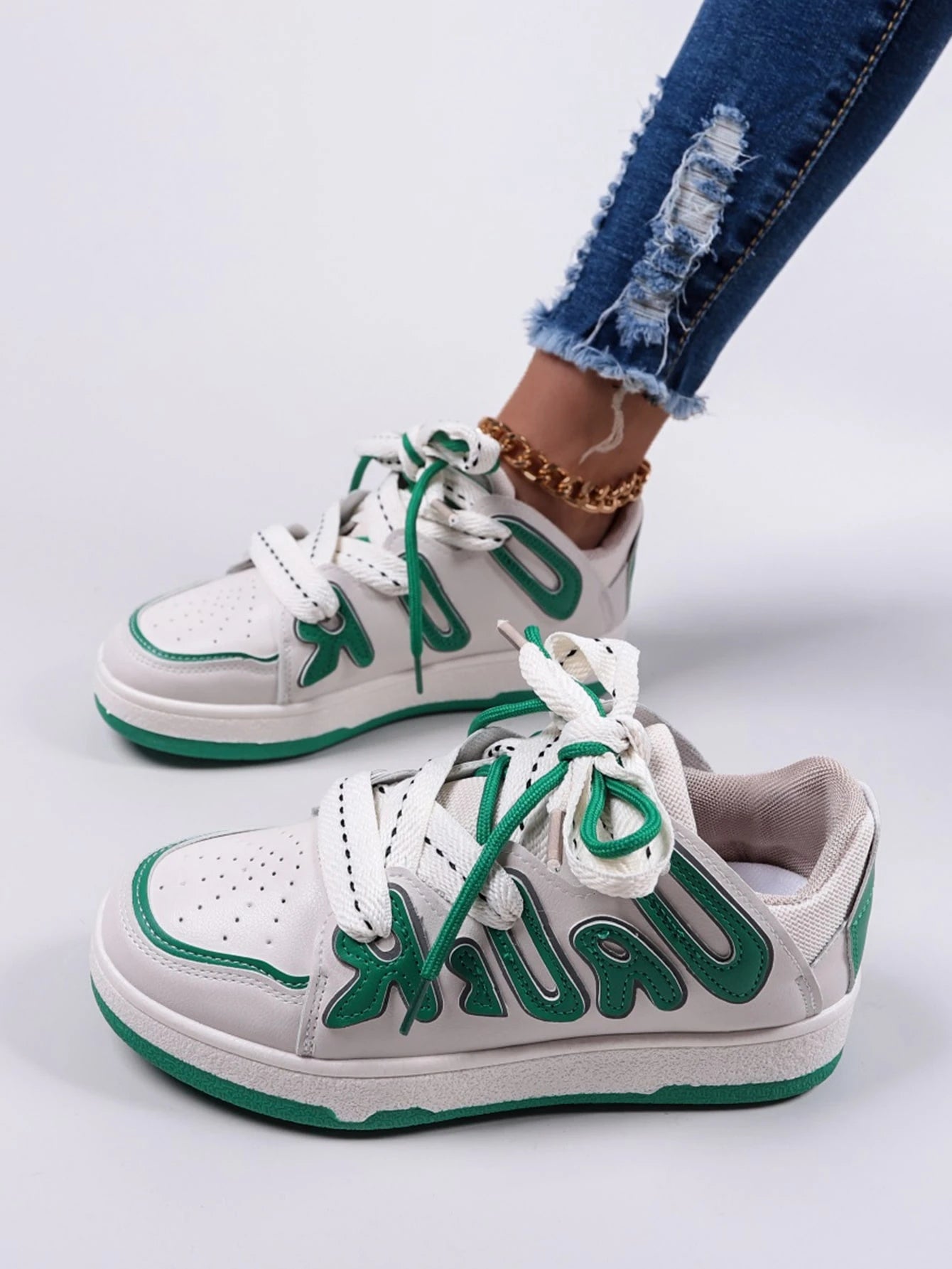 Lace-Up Front Letter Graphic Two Tone Skate Shoes