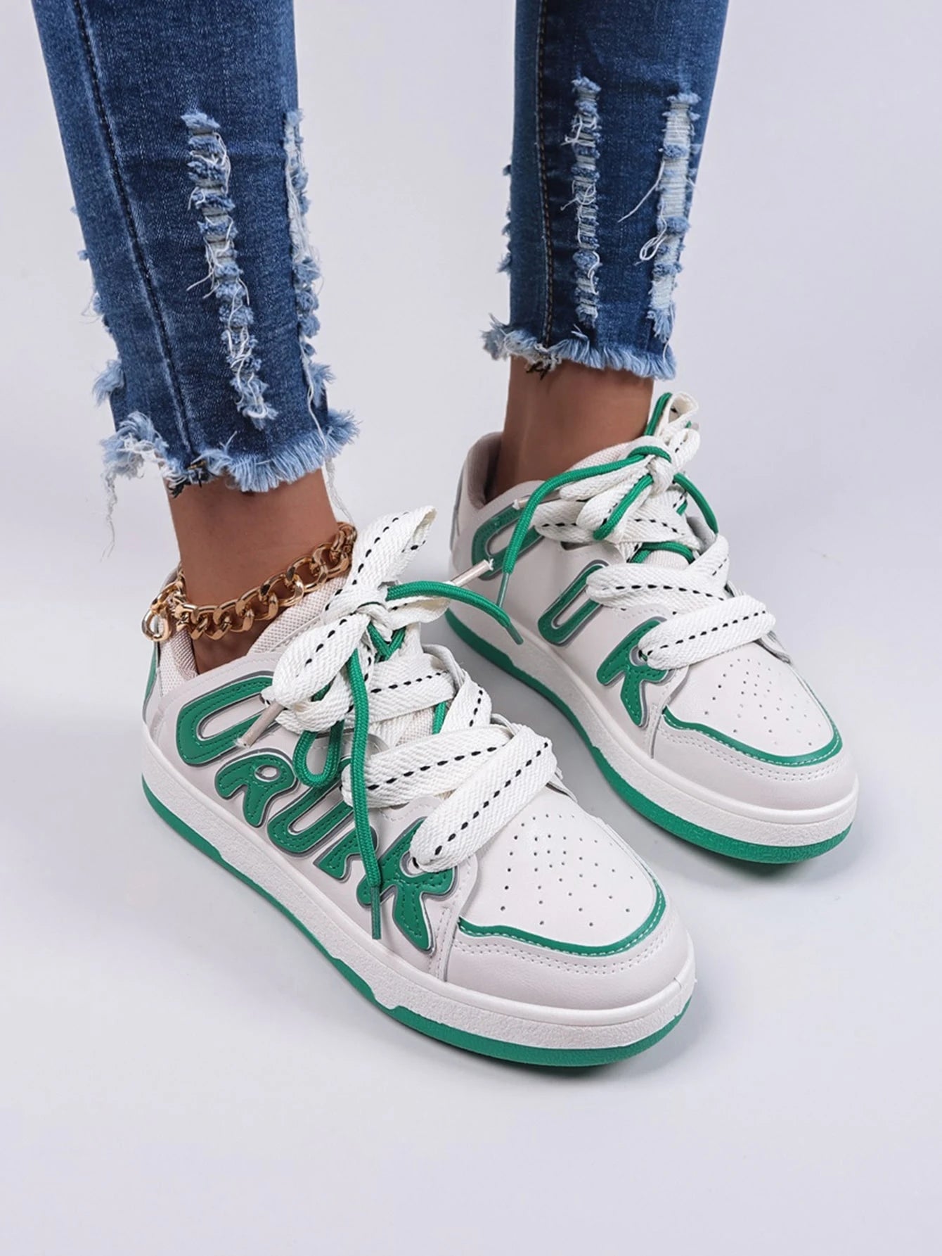 Lace-Up Front Letter Graphic Two Tone Skate Shoes