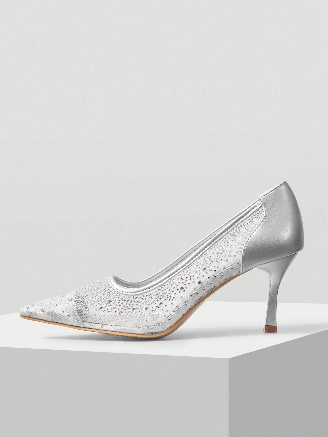 MOTF PREMIUM WOMEN'S FASHION MESH RHINESTONE BACKLESS POINTED TOE HIGH HEEL