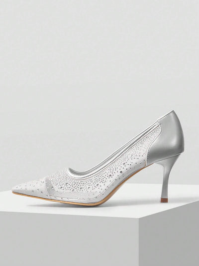 MOTF PREMIUM WOMEN'S FASHION MESH RHINESTONE BACKLESS POINTED TOE HIGH HEEL