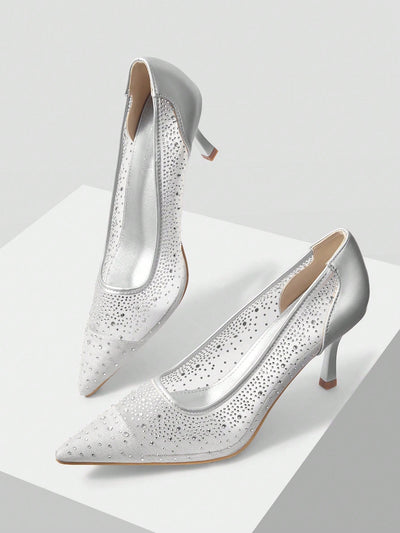 MOTF PREMIUM WOMEN'S FASHION MESH RHINESTONE BACKLESS POINTED TOE HIGH HEEL