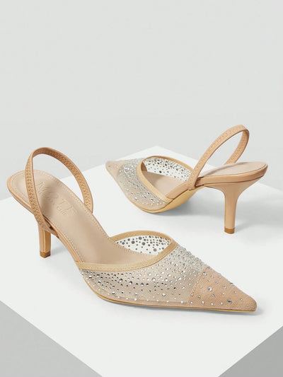 MOTF PREMIUM WOMEN'S FASHION MESH RHINESTONE BACKLESS POINTED TOE HIGH HEEL