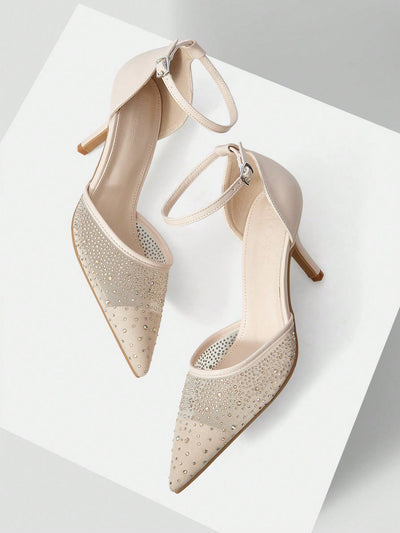 MOTF PREMIUM WOMEN'S FASHION MESH RHINESTONE BACKLESS POINTED TOE HIGH HEEL