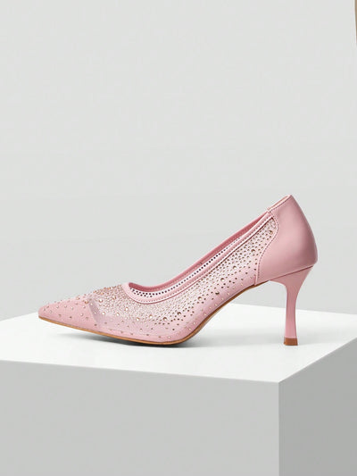 MOTF PREMIUM WOMEN'S FASHION MESH RHINESTONE BACKLESS POINTED TOE HIGH HEEL