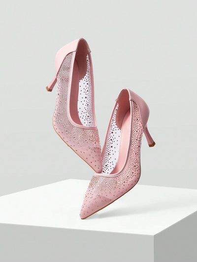 MOTF PREMIUM WOMEN'S FASHION MESH RHINESTONE BACKLESS POINTED TOE HIGH HEEL