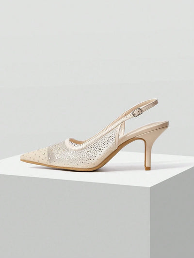 MOTF PREMIUM WOMEN'S FASHION MESH RHINESTONE BACKLESS POINTED TOE HIGH HEEL