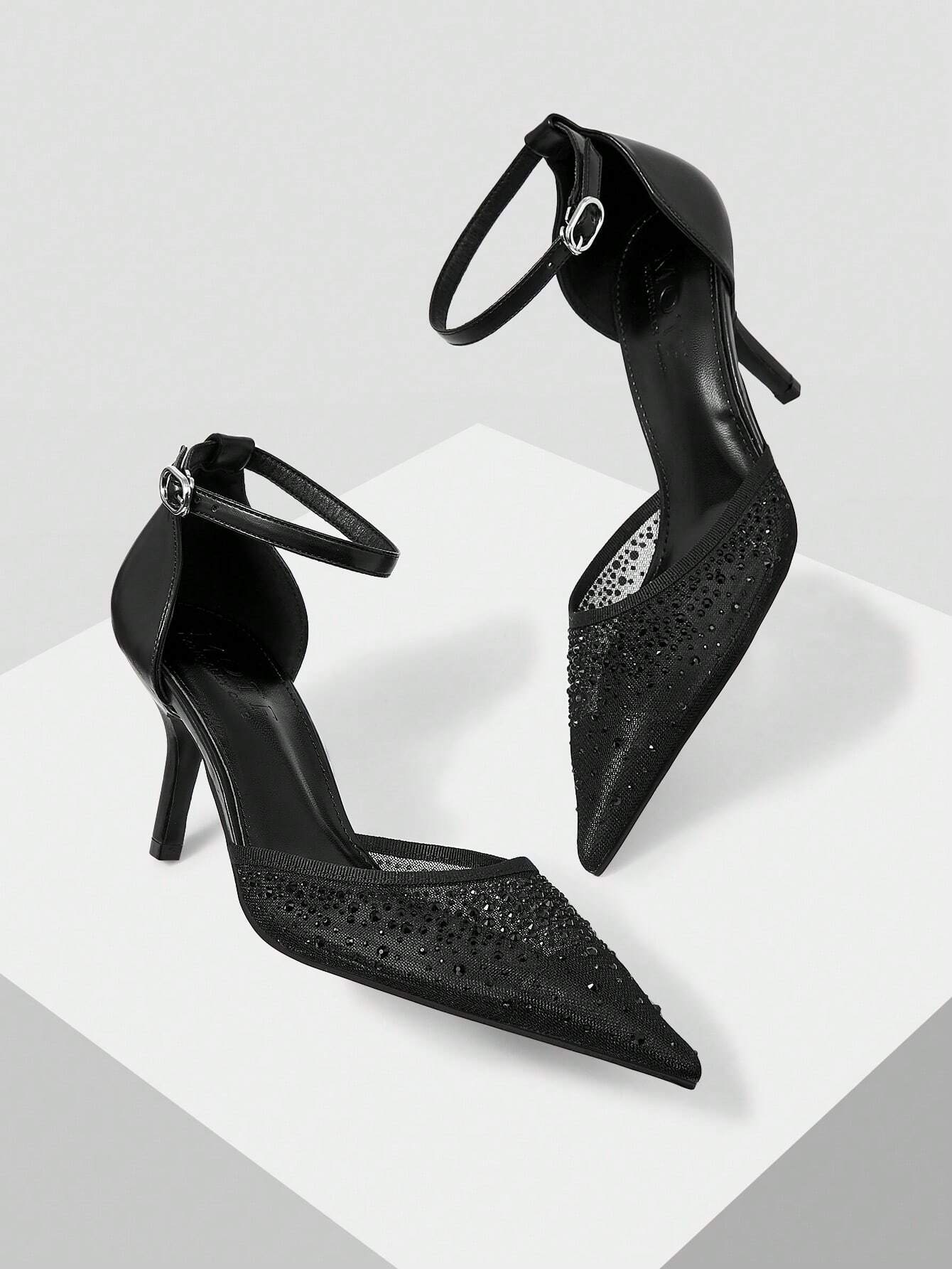 MOTF PREMIUM WOMEN'S FASHION MESH RHINESTONE BACKLESS POINTED TOE HIGH HEEL