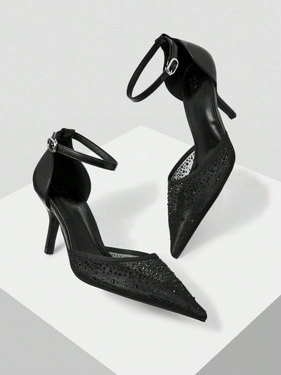 MOTF PREMIUM WOMEN'S FASHION MESH RHINESTONE BACKLESS POINTED TOE HIGH HEEL