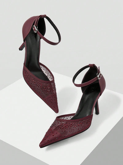 MOTF PREMIUM WOMEN'S FASHION MESH RHINESTONE BACKLESS POINTED TOE HIGH HEEL