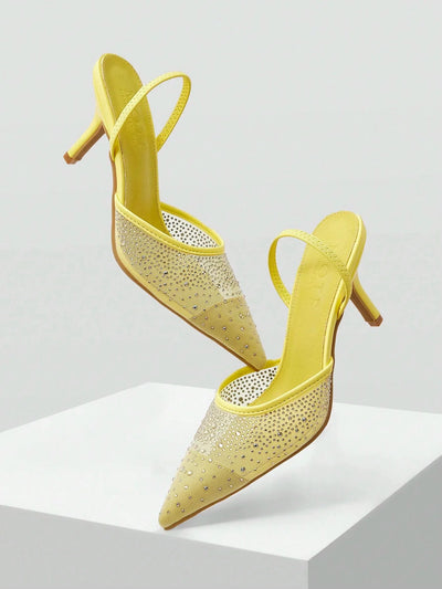 MOTF PREMIUM WOMEN'S FASHION MESH RHINESTONE BACKLESS POINTED TOE HIGH HEEL