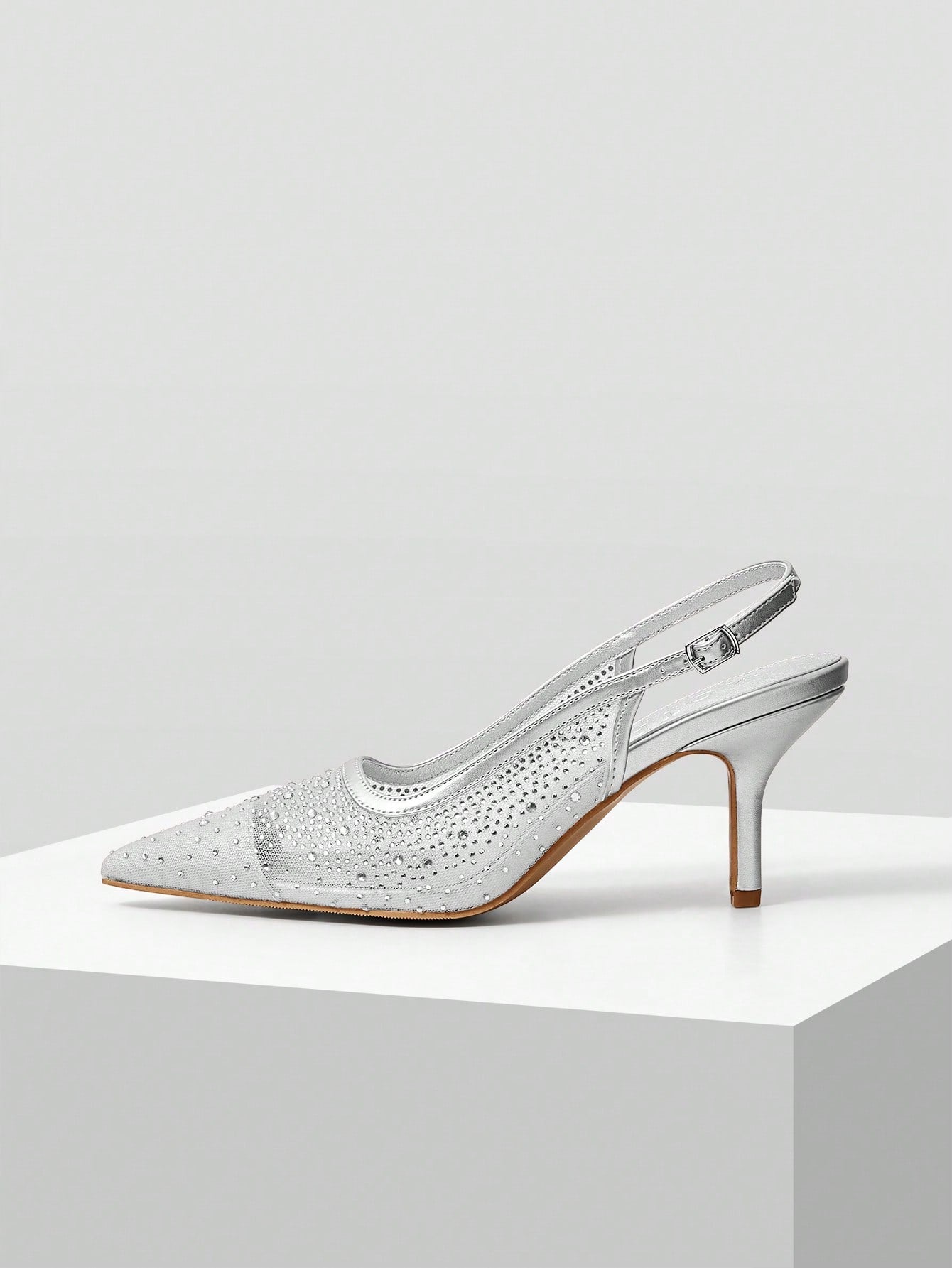 MOTF PREMIUM WOMEN'S FASHION MESH RHINESTONE BACKLESS POINTED TOE HIGH HEEL