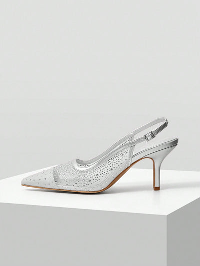 MOTF PREMIUM WOMEN'S FASHION MESH RHINESTONE BACKLESS POINTED TOE HIGH HEEL
