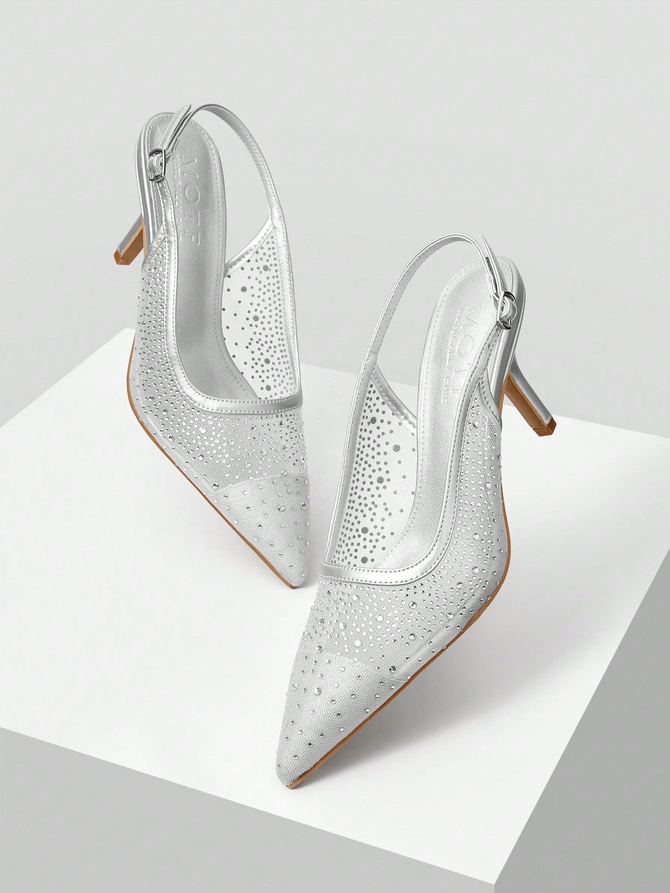 MOTF PREMIUM WOMEN'S FASHION MESH RHINESTONE BACKLESS POINTED TOE HIGH HEEL