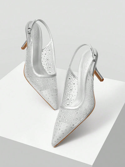 MOTF PREMIUM WOMEN'S FASHION MESH RHINESTONE BACKLESS POINTED TOE HIGH HEEL