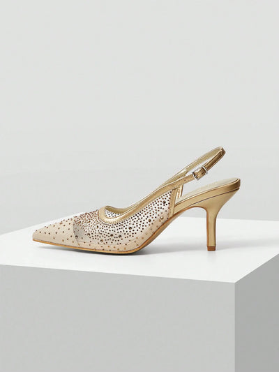 MOTF PREMIUM WOMEN'S FASHION MESH RHINESTONE BACKLESS POINTED TOE HIGH HEEL