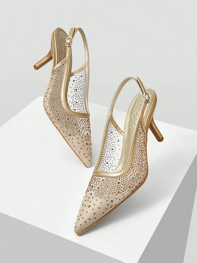 MOTF PREMIUM WOMEN'S FASHION MESH RHINESTONE BACKLESS POINTED TOE HIGH HEEL