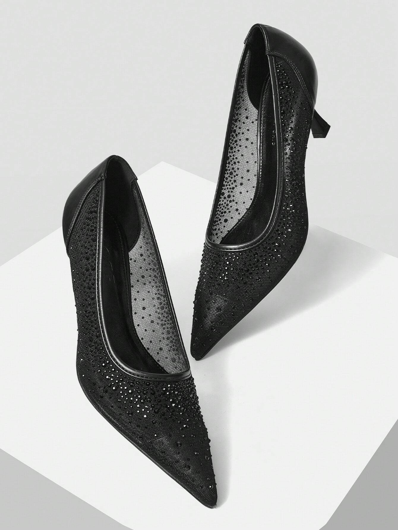 MOTF PREMIUM WOMEN'S FASHION MESH RHINESTONE BACKLESS POINTED TOE HIGH HEEL