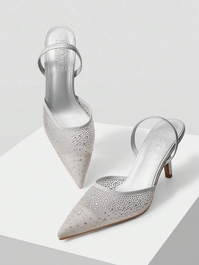 MOTF PREMIUM WOMEN'S FASHION MESH RHINESTONE BACKLESS POINTED TOE HIGH HEEL