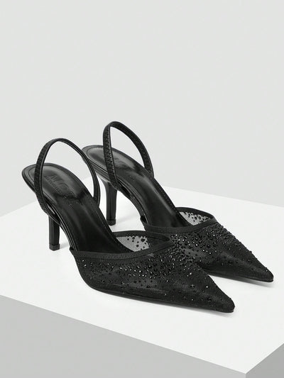 MOTF PREMIUM WOMEN'S FASHION MESH RHINESTONE BACKLESS POINTED TOE HIGH HEEL