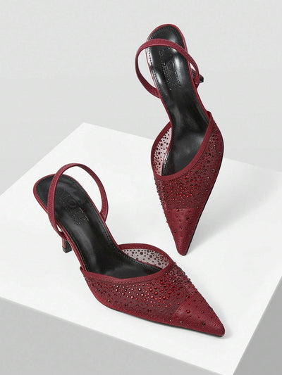 MOTF PREMIUM WOMEN'S FASHION MESH RHINESTONE BACKLESS POINTED TOE HIGH HEEL