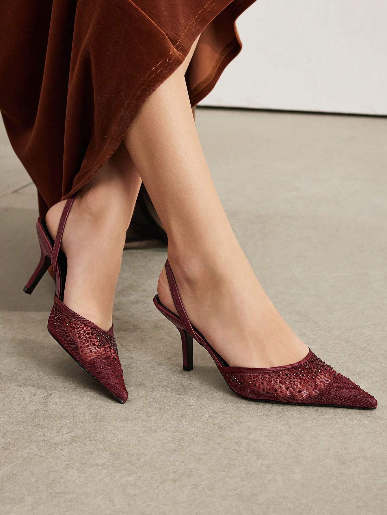 MOTF PREMIUM WOMEN'S FASHION MESH RHINESTONE BACKLESS POINTED TOE HIGH HEEL