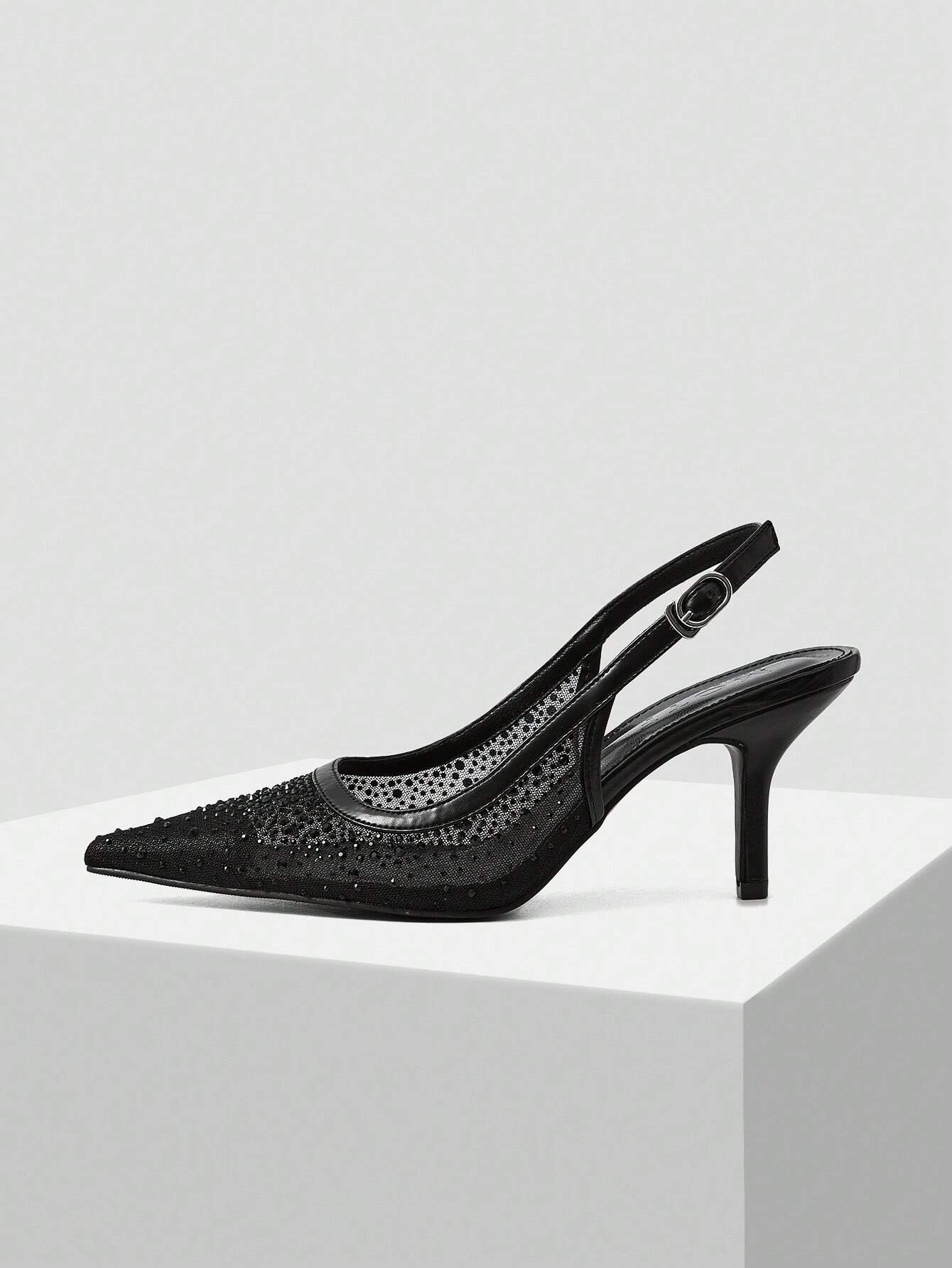 MOTF PREMIUM WOMEN'S FASHION MESH RHINESTONE BACKLESS POINTED TOE HIGH HEEL