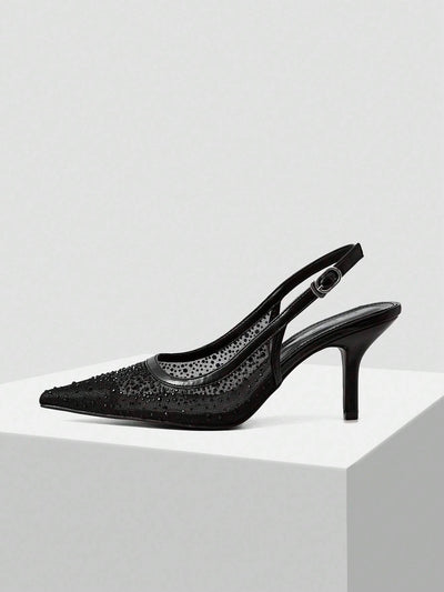 MOTF PREMIUM WOMEN'S FASHION MESH RHINESTONE BACKLESS POINTED TOE HIGH HEEL
