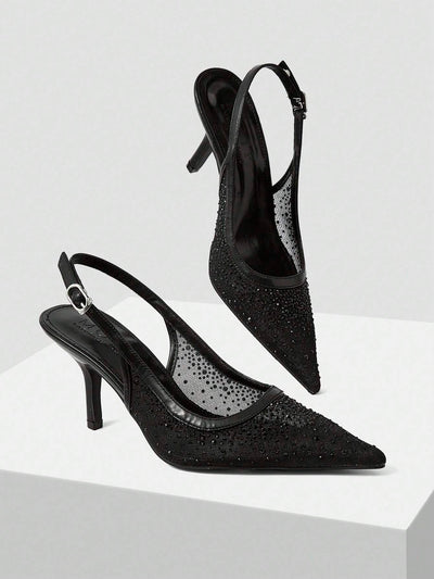 MOTF PREMIUM WOMEN'S FASHION MESH RHINESTONE BACKLESS POINTED TOE HIGH HEEL