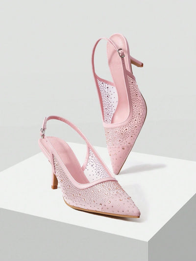 MOTF PREMIUM WOMEN'S FASHION MESH RHINESTONE BACKLESS POINTED TOE HIGH HEEL