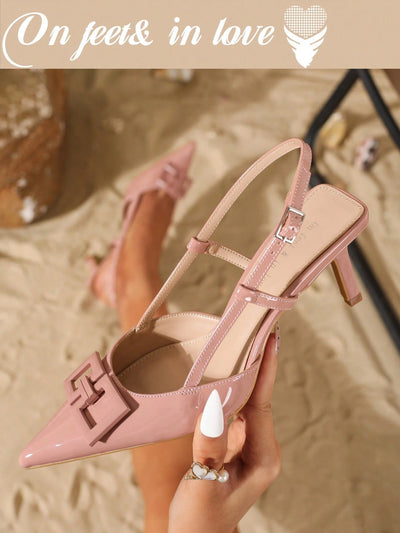 Women's Fashion Elegant Square Decor Buckle Mule Pointed Toe High Heel Shoes