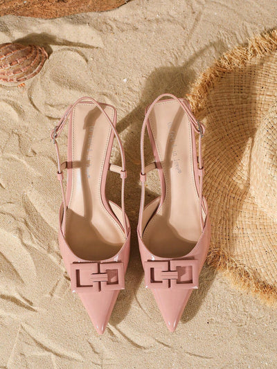 Women's Fashion Elegant Square Decor Buckle Mule Pointed Toe High Heel Shoes