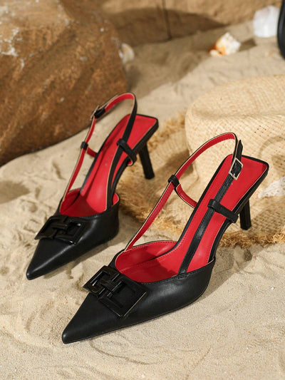 Women's Fashion Elegant Square Decor Buckle Mule Pointed Toe High Heel Shoes